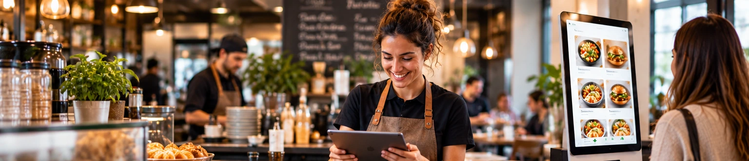 Restaurant utilisant QuickOrder avec smartphone, tablette et borne